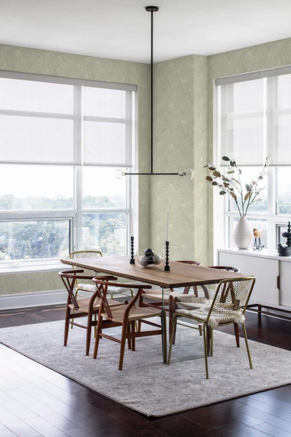Modern minimalist style dining room decorated with Seamless Banana leaf peel and stick wallpaper