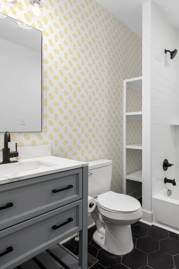 Scandinavian style bathroom decorated with Seamless bee peel and stick wallpaper
