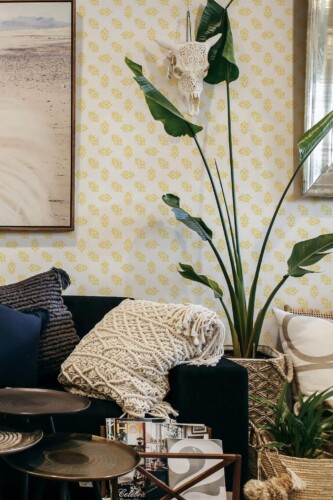 Scandinavian style living room decorated with Seamless bee peel and stick wallpaper