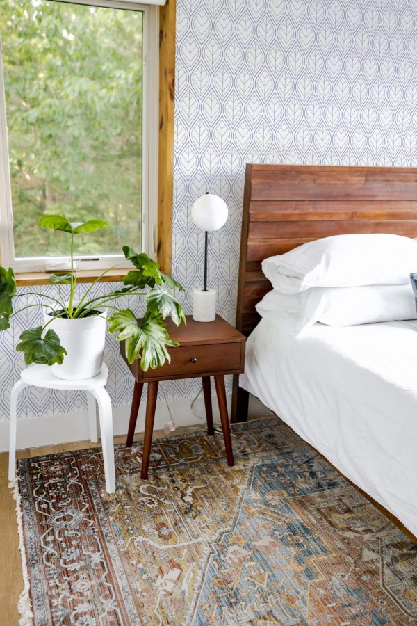 Rustic style bedroom decorated with Seamless geometric leaf peel and stick wallpaper