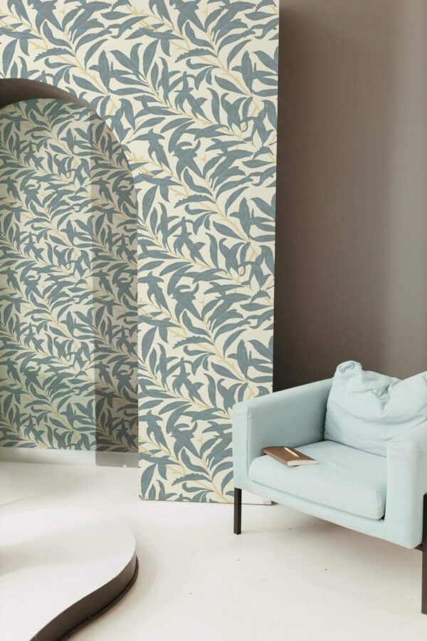 Mondern boho style living room decorated with Seamless Leaf peel and stick wallpaper