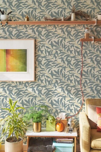 Southwestern style living room decorated with Seamless Leaf peel and stick wallpaper