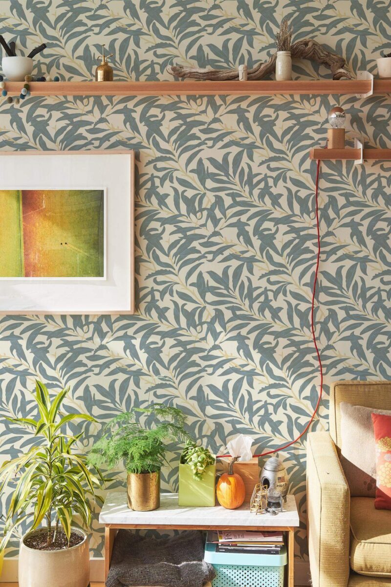 Southwestern style living room decorated with Seamless Leaf peel and stick wallpaper