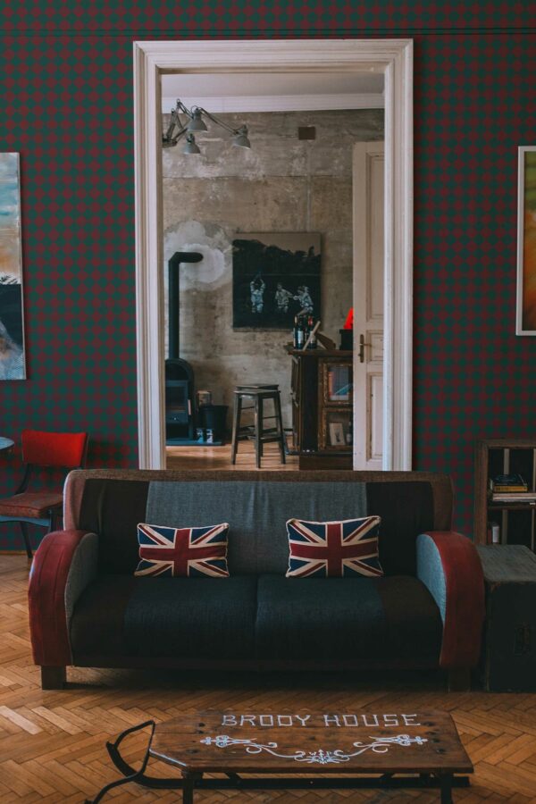 Green check wallpaper for living room walls in Christmas style from Fancy Walls