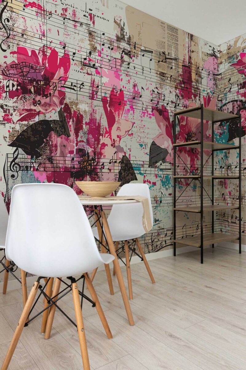 Bold Musical Graffiti Wall Mural with pink and beige tones, featuring musical notes and abstract flowers, ideal for accent walls and creative interiors.