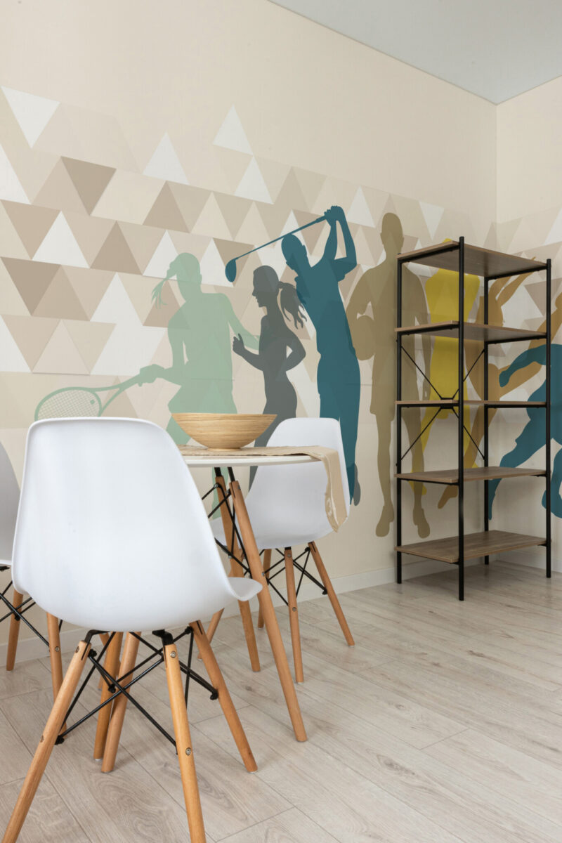 Beige Polygonal Sports Wall Mural with neutral-toned athlete silhouettes on a polygonal abstract background, ideal for gyms, fitness clubs, and modern game rooms.