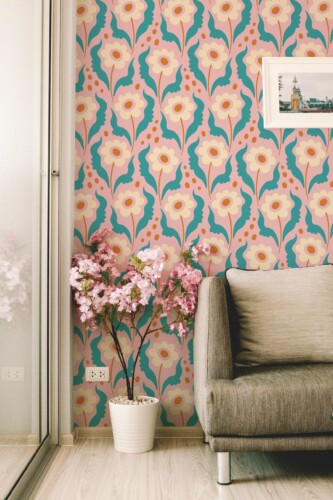 Traditional wallpaper in Pink Daisy Retro theme from Fancy Walls