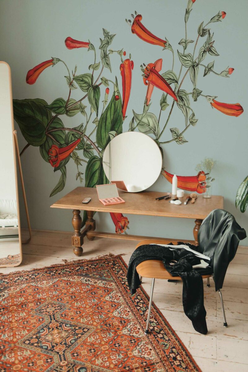 Gentle Flower peel and stick or non-pasted wall mural, botanical floral design in green and red tones for an accent wall mural wallpaper.