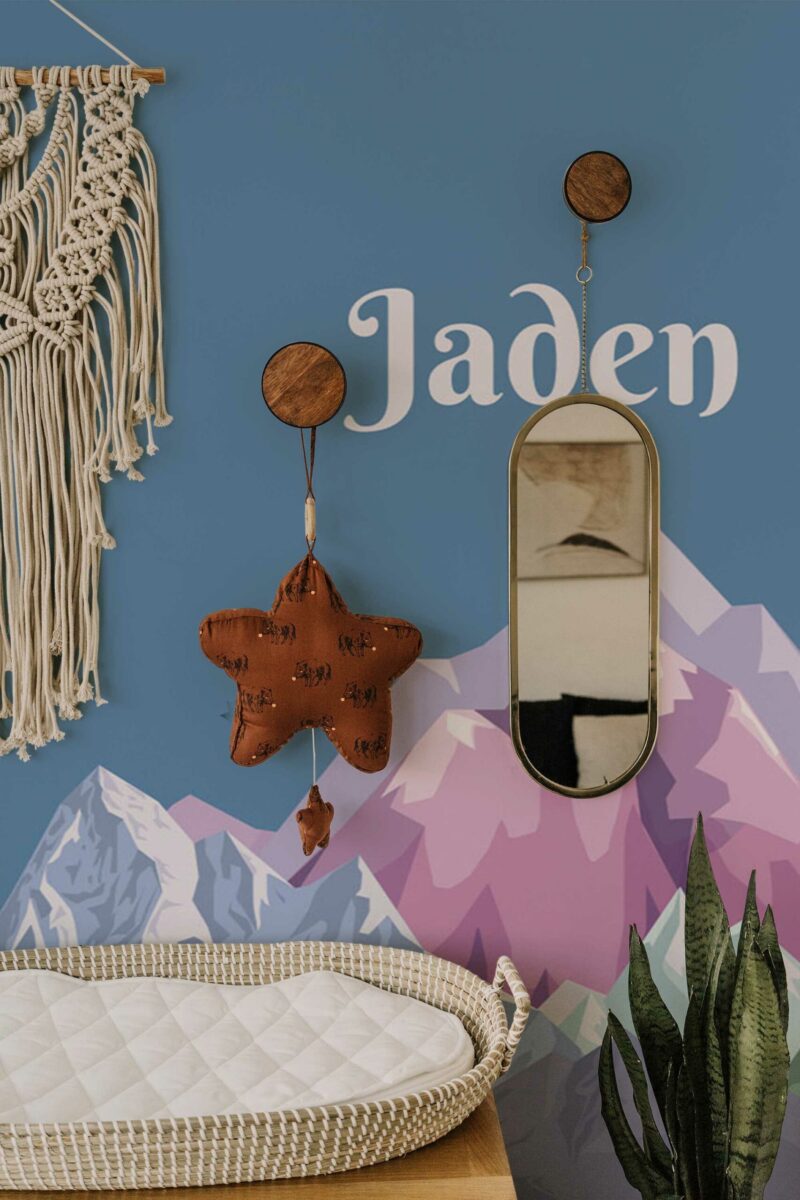 Mountain View Name peel and stick or non-pasted wall mural. Fancy Walls removable self-adhesive or traditional colorful mountain eco-friendly and PVC-free nursery mural wallpaper.