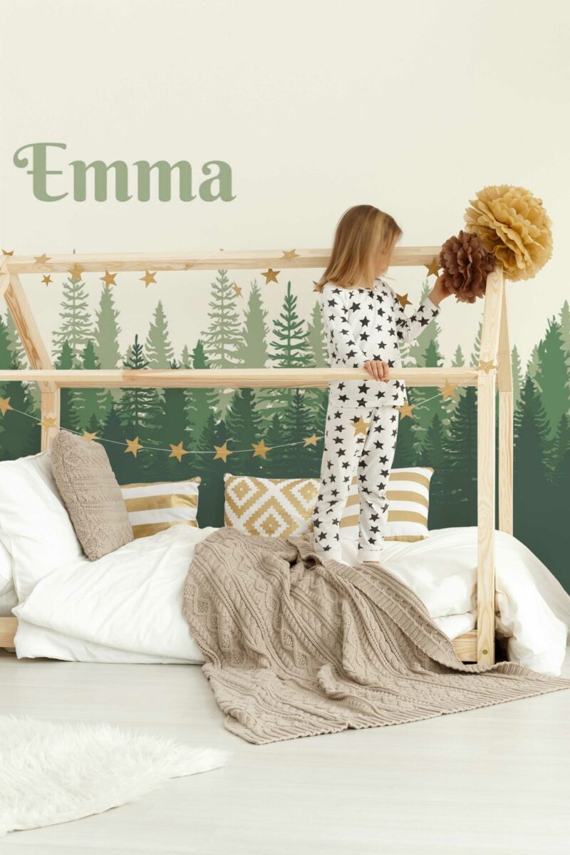 Spruce Forest Name peel and stick or non-pasted wall mural. Fancy Walls removable self-adhesive or traditional green conifer forest eco-friendly and PVC-free nursery mural wallpaper.