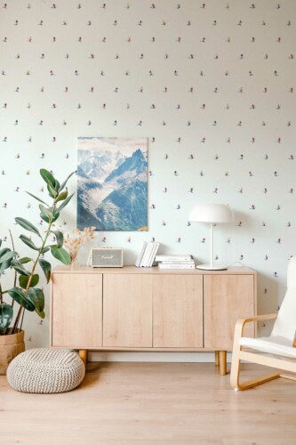 Traditional wallpaper with blue skiers pattern by Fancy Walls