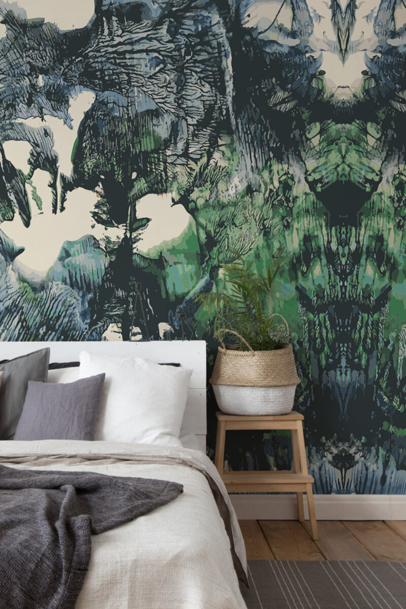 Serene Abstract Wall Mural with flowing green brushstrokes and dark layered tones, perfect for bedrooms, meditation spaces, or modern accent walls.