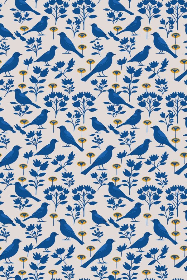 Removable wallpaper with nature-inspired blue bird pattern from Fancy Walls