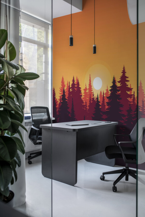 Deep red pine trees in a bold orange gradient wallpaper mural for cozy forest-inspired interiors by Fancy Walls