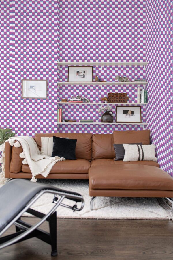 Mid-century modern style dining room decorated with Silkscreen check peel and stick wallpaper