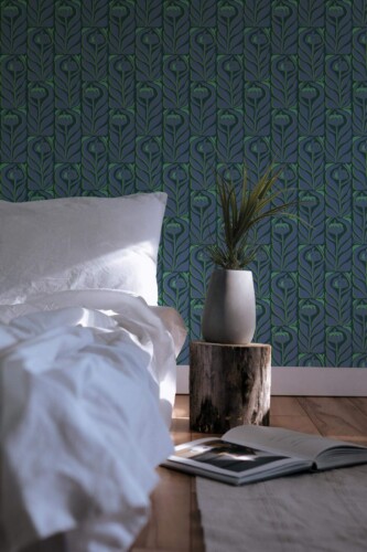 Minimal scandinavian style bedroom decorated with Silkscreen flowers peel and stick wallpaper