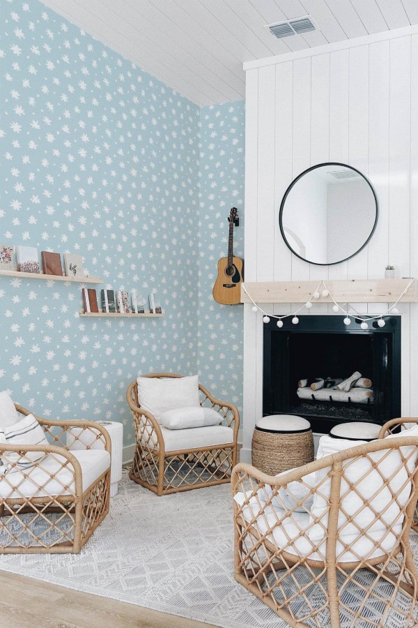 Minimal bohemian style living room decorated with Simple daisy floral peel and stick wallpaper