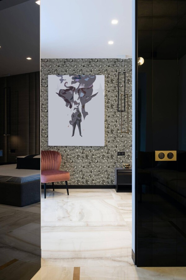 Art deco style bedroom decorated with Skeleton dance peel and stick wallpaper