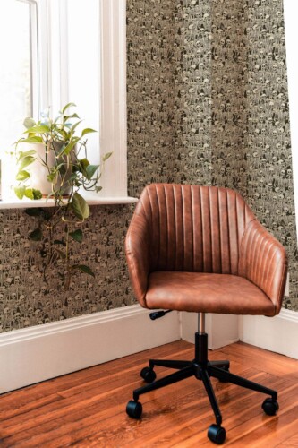 Mid-century modern style living room decorated with Skeleton dance peel and stick wallpaper