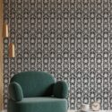 Traditional wallpaper with skeleton butterflies by Fancy Walls. Skullwing Stripes Elegance wallpaper in modern living room
