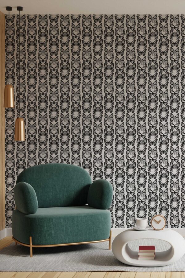 Traditional wallpaper with skeleton butterflies by Fancy Walls. Skullwing Stripes Elegance wallpaper in modern living room