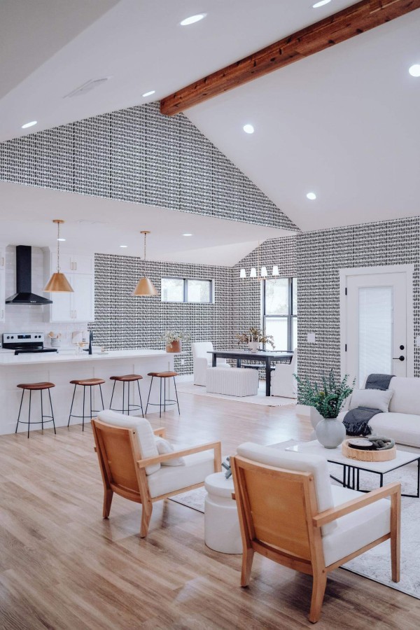 Contemporary style living room and kitchendecorated with Small Brush stroke peel and stick wallpaper