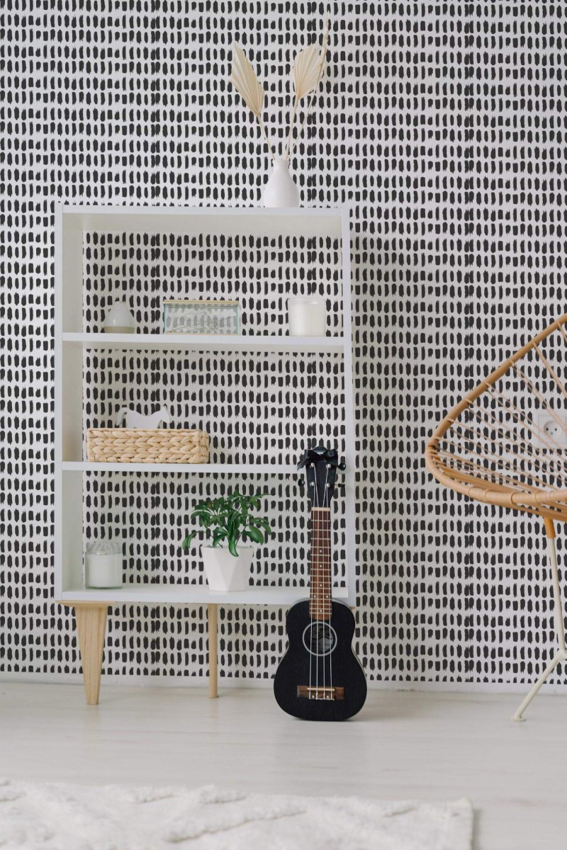 Minimal boho style living room decorated with Small Brush stroke peel and stick wallpaper