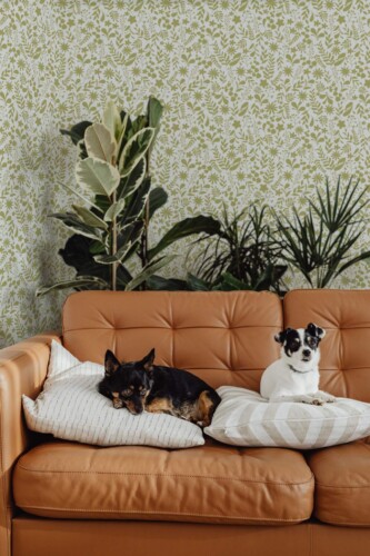 Mid-century modern style living room decorated with Small floral peel and stick wallpaper