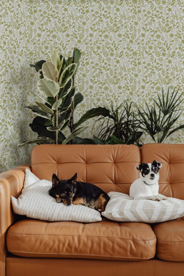 Mid-century modern style living room decorated with Small floral peel and stick wallpaper