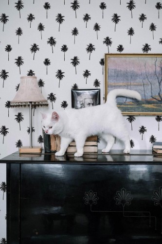 Industrial style music room decorated with Small palm peel and stick wallpaper