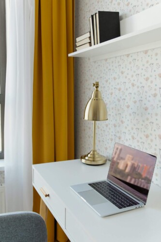 Scandinavian style home office decorated with Small pastel flowers peel and stick wallpaper