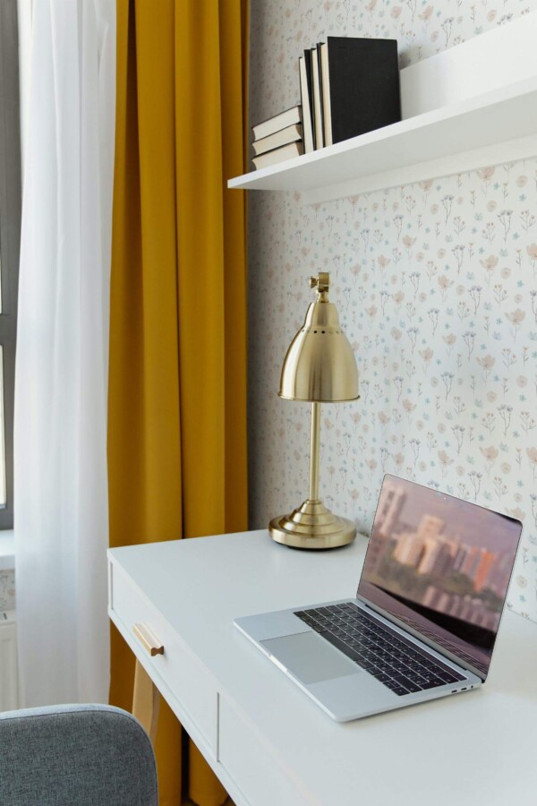 Scandinavian style home office decorated with Small pastel flowers peel and stick wallpaper