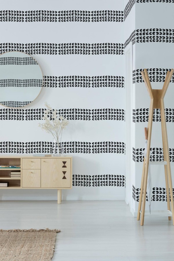 Minimal style entryway decorated with Small print stripes peel and stick wallpaper