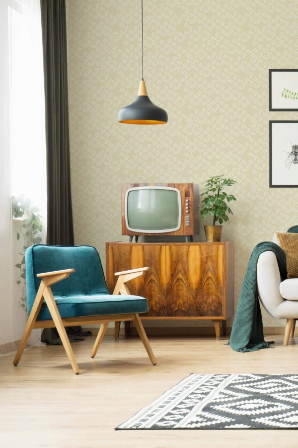 Mid-century modern style living room decorated with Small stripes peel and stick wallpaper