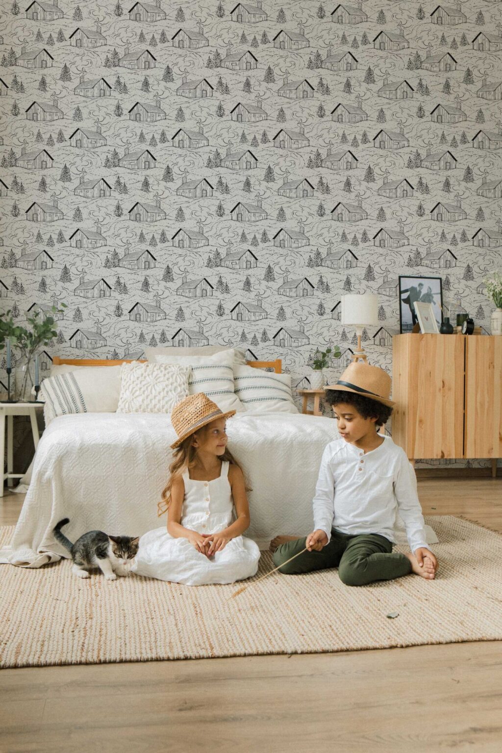 Smokey Cabins in Black and Gray Peel and Stick Wallpaper or Non-Pasted