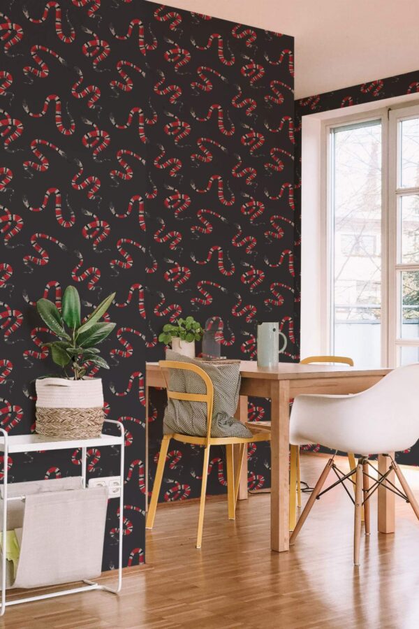 Minimal scandinavian style dining room decorated with Snake peel and stick wallpaper