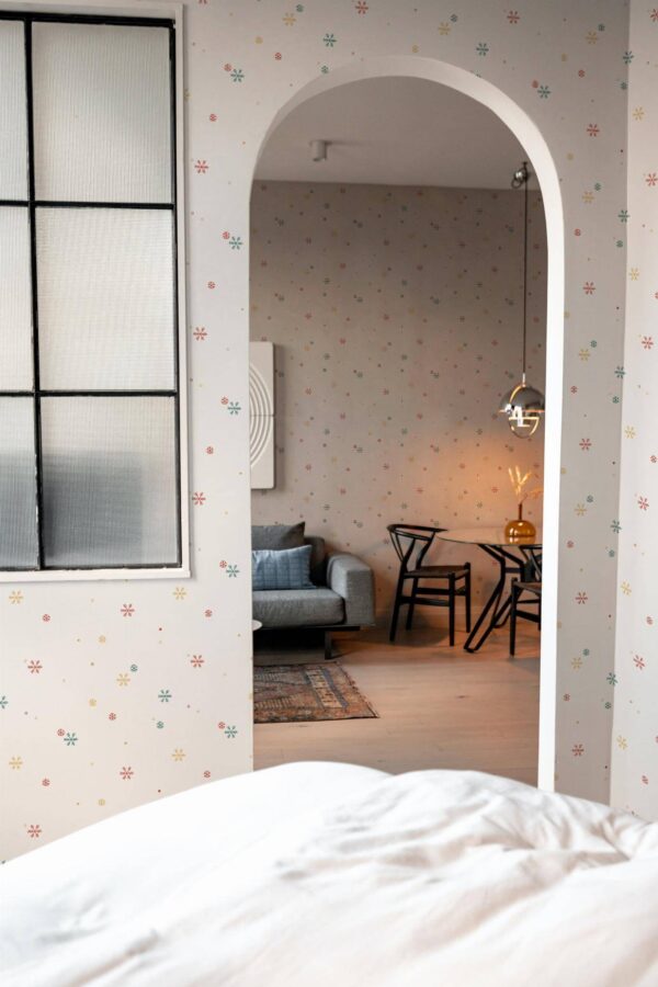 Modern scandinavian style living room decorated with Snowflakes peel and stick wallpaper