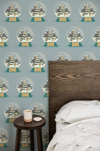 Farmhouse style bedroom decorated with Snowglobe peel and stick wallpaper