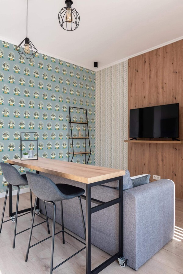 Scandinavian style open living room decorated with Snowglobe peel and stick wallpaper