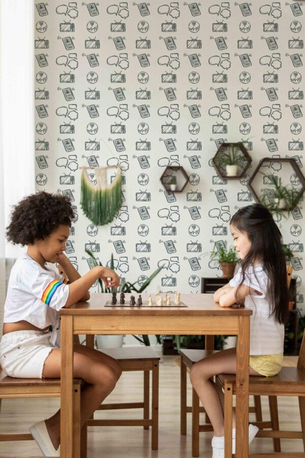 Boho style game room decorated with Social media day peel and stick wallpaper