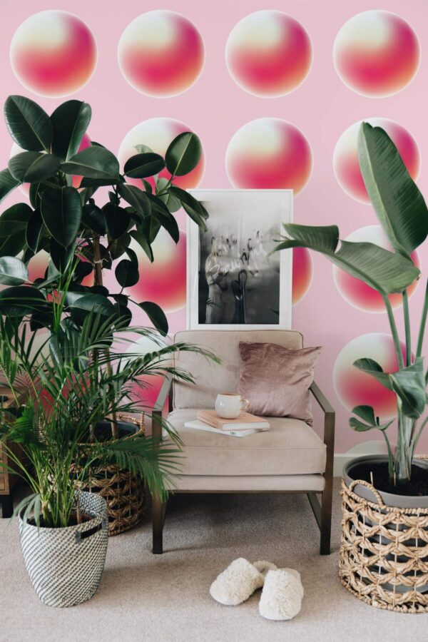 Modern boho style living room decorated with Soft circle peel and stick wallpaper
