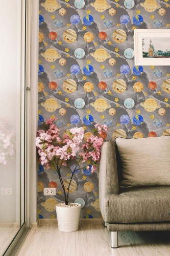 Modern farmhouse style living room decorated with Solar system peel and stick wallpaper