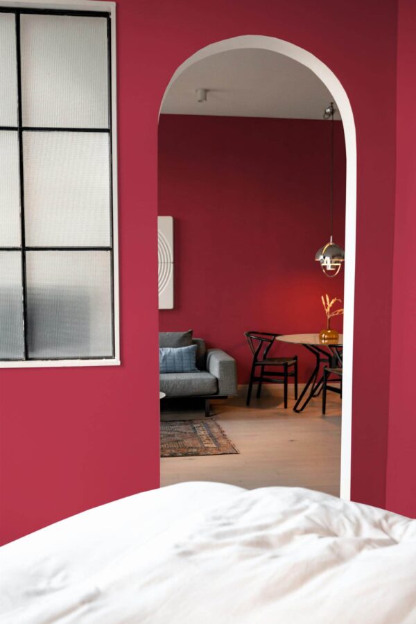 Modern scandinavian style living room decorated with Solid color burgundy peel and stick wallpaper