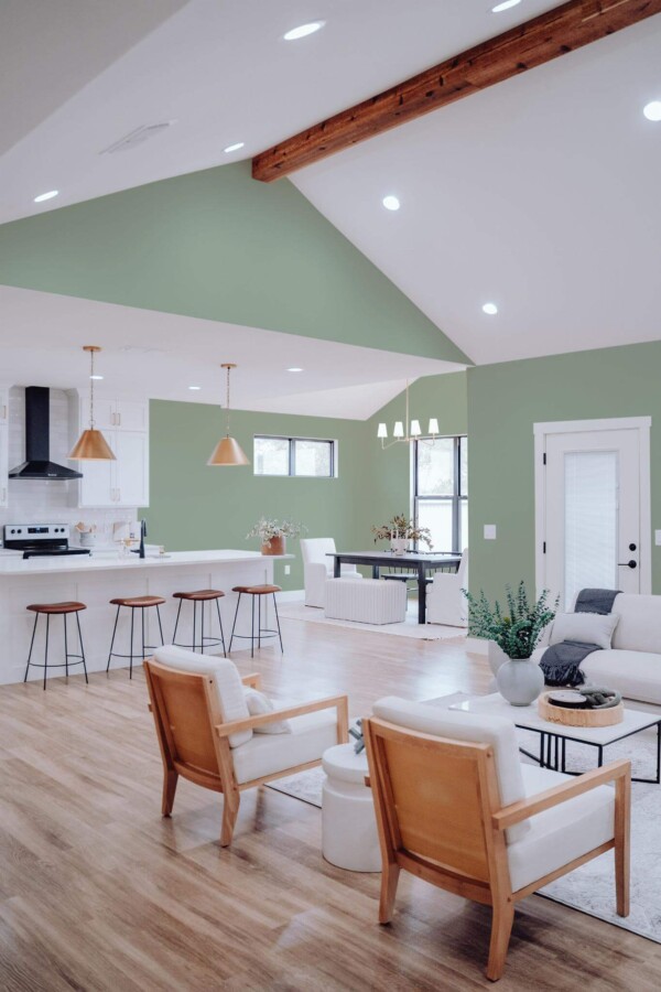 Contemporary style living room and kitchendecorated with Solid color sage green peel and stick wallpaper