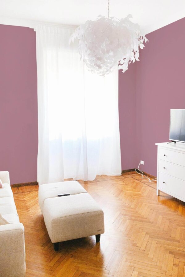 Modern boho style living room decorated with Solid dusty violet peel and stick wallpaper