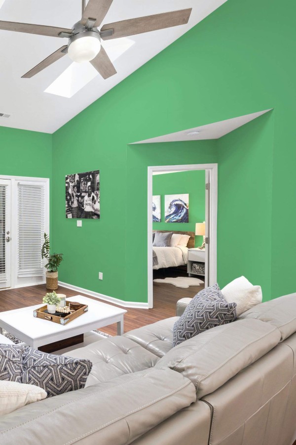 Coastal scandinavian style living room and bedroom decorated with Solid emerald green peel and stick wallpaper