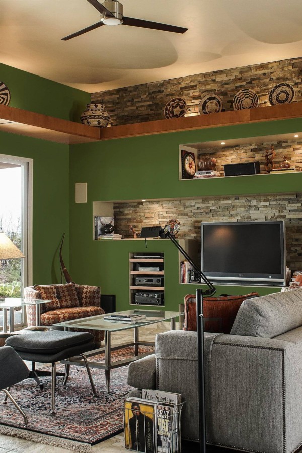 Scandinavian style living room decorated with Solid grass green peel and stick wallpaper and Mediterranean accents