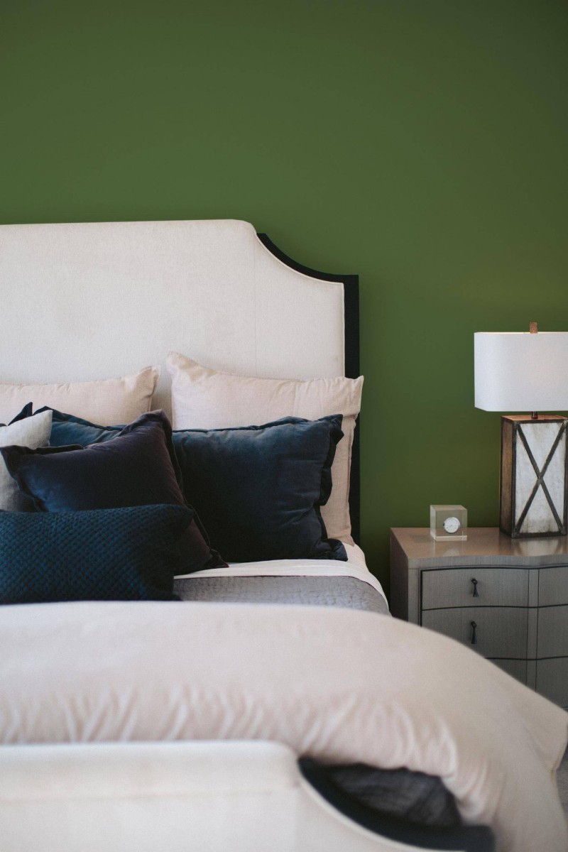 Shabby chic style bedroom decorated with Solid grass green peel and stick wallpaper