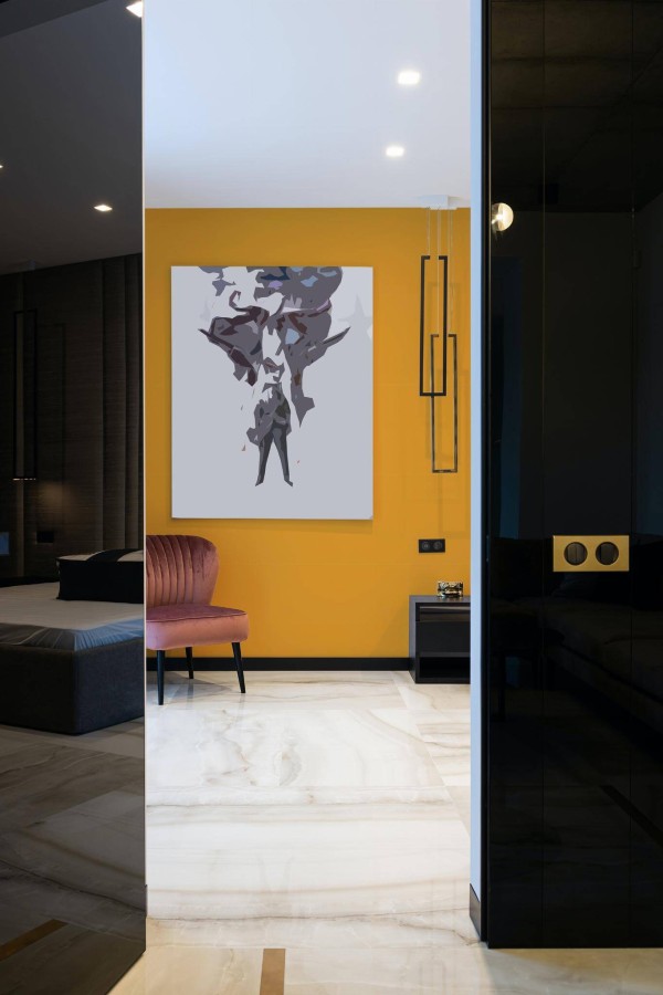 Art deco style bedroom decorated with Solid orange peel and stick wallpaper