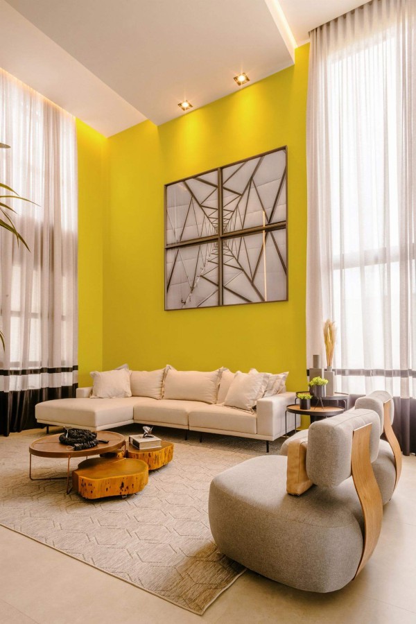 Contemporary style living room decorated with Solid yellow peel and stick wallpaper